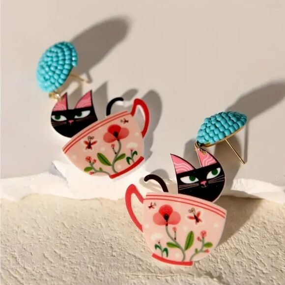 14K BLACK CAT IN COFFEE CUP fun cute whimsical kawaii novelty earrings - Picture 4 of 6